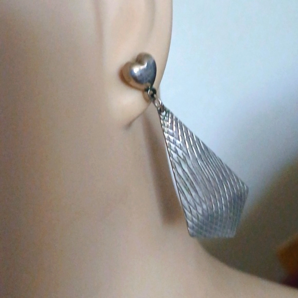 RARE Sterling Silver Puffy Heart Post Dangle Earrings Lightweight Vintage